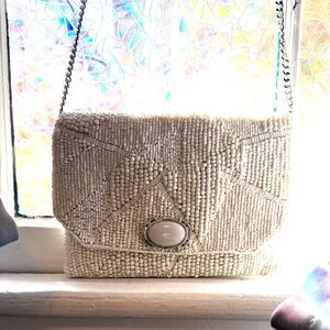 Mary Frances white beaded crossbody with chain and white agate